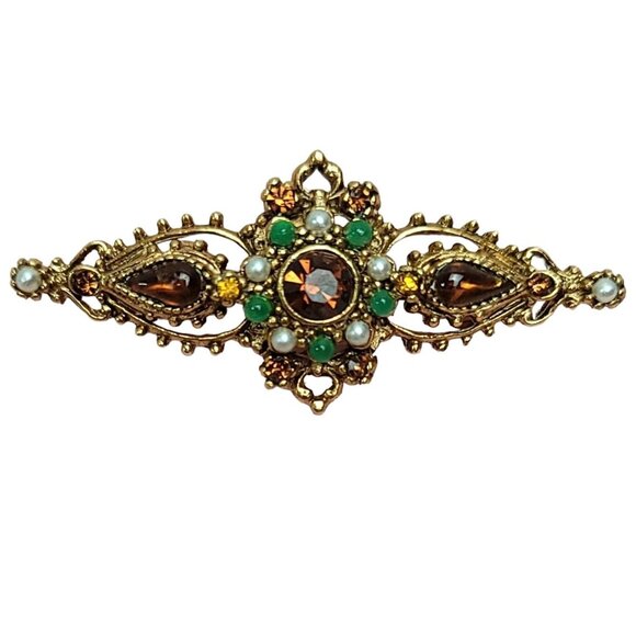 ART Arthur Pepper Gold-Tone Green & White Ballotini Beads Rhinestone Brooch, N81 - Picture 1 of 8